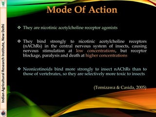 Mode Of Action
 They are nicotinic acetylcholine receptor agonists
 They bind strongly to nicotinic acetylcholine receptors
(nAChRs) in the central nervous system of insects, causing
nervous stimulation at low concentrations, but receptor
blockage, paralysis and death at higher concentrations
 Neonicotinoids bind more strongly to insect nAChRs than to
those of vertebrates, so they are selectively more toxic to insects
(Tomizawa & Casida, 2005)
IndianAgriculturalResearchInstitute,NewDelhi
 