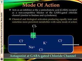 Mode Of Action
 Acts as an inhibitor at the γ-aminobutyric acid (GABA) receptor
as a non-competitive blocker of the GABA-gated chloride
channel (similar to lindane and cyclodienes)
 Chemical and biological activation producing equally toxic and
sometime more persistent metabolites with same mode of action
IndianAgriculturalResearchInstitute,NewDelhi
Cl-
Cl-
Cl-
Na+
Cl-
Fipr
K+
Antagonist at GABA-gated Chloride Channel
 