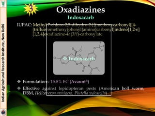 Oxadiazines
Indoxacarb
IUPAC: Methyl 7-chloro-2,5-dihydro-2-[[(methoxycarbonyl)[4-
(trifluoromethoxy)phenyl]amino]carbonyl]indeno[1,2-e]
[1,3,4]oxadiazine-4a(3H)-carboxylate
 Formulations: 15.8% EC (Avaunt®)
 Effective against lepidopteran pests (American boll worm,
DBM, Helicoverpa armigera, Plutella xylostella)
IndianAgriculturalResearchInstitute,NewDelhi
 Indoxacarb
3
 