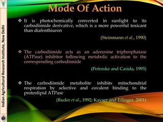  It is photochemically converted in sunlight to its
carbodiimide derivative, which is a more powerful toxicant
than diafenthiuron
(Steinmann et al., 1990)
 The carbodiimide acts as an adenosine triphosphatase
(ATPase) inhibitor following metabolic activation to the
corresponding carbodiimide
(Petroske and Casida, 1995)
 The carbodiimide metabolite inhibits mitochondrial
respiration by selective and covalent binding to the
proteolipid ATPase
(Ruder et al., 1992; Kayser and Eilinger, 2001)
Mode Of Action
IndianAgriculturalResearchInstitute,NewDelhi
 