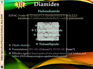 Diamides
Flubendiamide
IUPAC: 3-iodo-N’-(2-mesyl-1,1-dimethylethyl)-N-{4-[1,2,2,2-
tetrafluoro-1-trifluoromethyl)ethyl] -o-tolyl} phthalamide
 Pthalic diamide
 Formulations: 20% WG (Takumi®), 39.35% SC (Fame®)
 Effective against insect pests of rice (stem borer. Leaf folder) and
cotton (Helicoverpa armigera, spotted boll worm)
IndianAgriculturalResearchInstitute,NewDelhi
 Flubendiamide
 Chlorantraniliprole
 Cyantraniliprole
 Cyclaniliprole
 Tetraniliprole
10
 