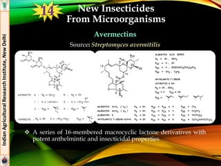 New Insecticides
From Microorganisms
Avermectins
Source: Streptomyces avermitilis
 A series of 16-membered macrocyclic lactone derivatives with
potent anthelmintic and insecticidal properties
IndianAgriculturalResearchInstitute,NewDelhi
14
 