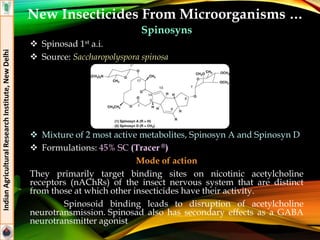 Spinosyns
 Spinosad 1st a.i.
 Source: Saccharopolyspora spinosa
 Mixture of 2 most active metabolites, Spinosyn A and Spinosyn D
 Formulations: 45% SC (Tracer ®)
Mode of action
They primarily target binding sites on nicotinic acetylcholine
receptors (nAChRs) of the insect nervous system that are distinct
from those at which other insecticides have their activity.
Spinosoid binding leads to disruption of acetylcholine
neurotransmission. Spinosad also has secondary effects as a GABA
neurotransmitter agonist
IndianAgriculturalResearchInstitute,NewDelhi
New Insecticides From Microorganisms …
 