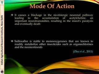 Mode Of Action
 It causes a blockage in the nicotinergic neuronal pathway
leading to the accumulation of acetylcholine, an
important neurotransmitter, resulting in the insect's paralysis
and eventually death
 Sulfoxaflor is stable to monooxygenases that are known to
readily metabolize other insecticides such as organochlorines
and the neonicotinoids
(Zhu et al., 2011)
IndianAgriculturalResearchInstitute,NewDelhi
 