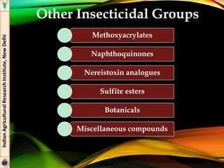 Methoxyacrylates
Naphthoquinones
Nereistoxin analogues
Sulfite esters
Botanicals
Miscellaneous compounds
Other Insecticidal Groups
IndianAgriculturalResearchInstitute,NewDelhi
 