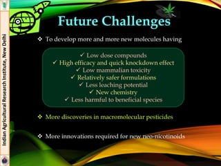 Future Challenges
 To develop more and more new molecules having
 More discoveries in macromolecular pesticides
 More innovations required for new neo-nicotinoids
IndianAgriculturalResearchInstitute,NewDelhi
 Low dose compounds
 High efficacy and quick knockdown effect
 Low mammalian toxicity
 Relatively safer formulations
 Less leaching potential
 New chemistry
 Less harmful to beneficial species
 