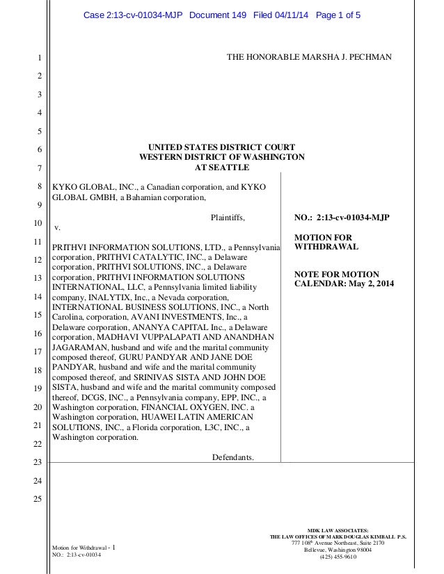 Prithvi Information Solutions Ltd and Others Files Motion to Withdraw…