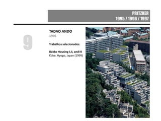 PRITZKER
1995 / 1996 / 1997
TADAO ANDO
1995
Trabalhos selecionados:
Rokko Housing I,II, and III
Kobe, Hyogo, Japan (1999)
9
 