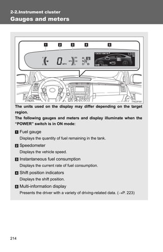 2-2.Instrument cluster
Gauges and meters




  The units used on the display may differ depending on the target
  region.
...