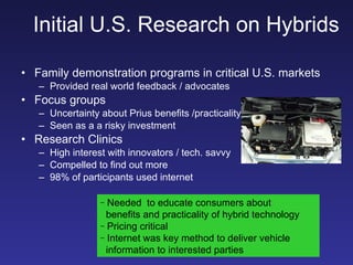 Family demonstration programs in critical U.S. markets Provided real world feedback / advocates  Focus groups Uncertainty about Prius benefits /practicality Seen as a a risky investment Research Clinics High interest with innovators / tech. savvy Compelled to find out more 98% of participants used internet  Initial U.S. Research on Hybrids Needed  to educate consumers about   benefits and practicality of hybrid technology Pricing critical Internet was key method to deliver vehicle    information to interested parties   