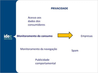 PRIVACIDADE


       Acesso aos
       dados dos
       consumidores


Monitoramento do consumo                    Empresas



  Monitoramento da navegação
                                     Spam


            Publicidade
            comportamental
 