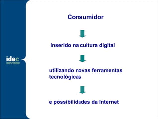 Consumidor



inserido na cultura digital



utilizando novas ferramentas
tecnológicas



e possibilidades da Internet
 