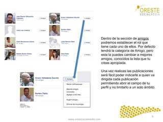 www.orestesocialmedia.com	
  
Dentro de la sección de amigos
podremos establecer el rol que
tiene cada uno de ellos. Por defecto
tendrá la categoría de Amigo, pero
esta la puedes cambiar a mejores
amigos, conocidos la lista que tu
creas apropiada.
Una vez realices las publicaciones
será fácil poder indicarle a quien va
dirigida cada publicación
permitiendo abrir el campo de tu
perfil y no limitarlo a un solo ámbito.
9	
  
 