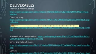 DELIVERABLES
Firewall & Network setups
https://drive.google.com/drive/folders/1FDKjOi8MPxXTuBZ4MtJZQMf9tcfPkz44?usp=
sharing
Cloud security
https://drive.google.com/drive/folders/1MOe15AjF_WRN9IZ10yQefpXDOYfvd8VK?usp
=sharing
Protocols and ports that need attention
https://drive.google.com/file/d/1_irHSd7pgY_ciP8Sjg51YOcd1S8mjciZ/view?usp=shar
ing
Authentication best practices: https://drive.google.com/file/d/1TyMTbghiOSqtuZv7c-
CqmurPiqcPdRpV/view?usp=sharing
Server and network rights
https://drive.google.com/file/d/130tcLpGBPE2Q4aYjknG7xaiIkK0CJPsq/view?usp=sha
ring
Servers:
https://drive.google.com/file/d/197jsrcHo4Izx9pWw7nv3dj01BIf0LiNl/view?usp=shari
 
