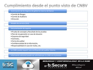 Autorización de los órganos de gobierno Interno del Banco 
• Comité de Riesgos 
• Comité de Auditoria 
• Dirección 
Modelo de servicio (SLA). 
Documentación de soporte 
• Prueba de concepto y Resultado de las pruebas 
• Plan de recuperación en caso de desastre 
• Esquema de seguridad 
• Controles, 
• Forma de auditar 
• Confidencialidad de la información, 
• Responsabilidad en case de multas, etc. 
La CNBV puede requerir una certificación del auditor interno. 
Información adicional puede ser solicitada por la CNBV en el proceso. 
 