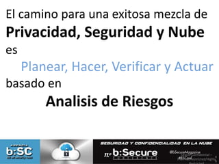 Oracle Confidential – 
Internal/Restricted/Highly 
Restricted 
4 
9 
El camino para una exitosa mezcla de 
Privacidad, Seguridad y Nube 
es 
Planear, Hacer, Verificar y Actuar 
basado en 
Analisis de Riesgos 
 