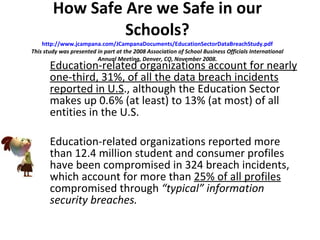 How Safe Are we Safe in our Schools? http://www.jcampana.com/JCampanaDocuments/EducationSectorDataBreachStudy.pdf This study was presented in part at the 2008 Association of School Business Officials International Annual Meeting, Denver, CO, November 2008. Education-related organizations account for nearly one-third, 31%, of all the data breach incidents reported in U.S ., although the Education Sector makes up 0.6% (at least) to 13% (at most) of all entities in the U.S. Education-related organizations reported more than 12.4 million student and consumer profiles have been compromised in 324 breach incidents, which account for more than  25% of all profiles  compromised through  “typical” information security breaches. 