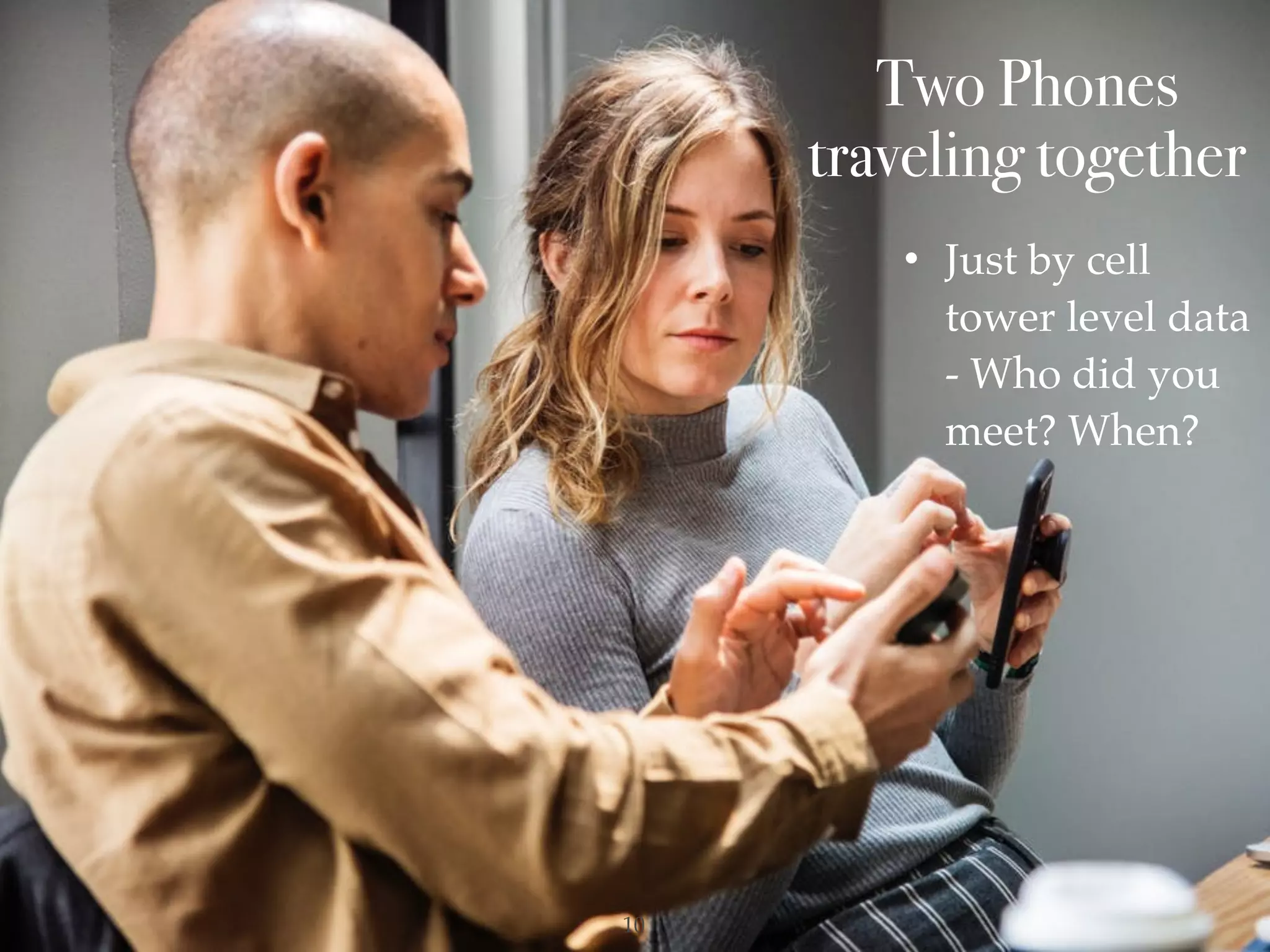Two Phones
traveling together
• Just by cell
tower level data
- Who did you
meet? When?
!10
 