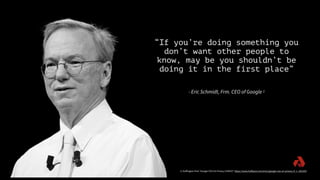 “If you’re doing something you
don’t want other people to
know, may be you shouldn’t be
doing it in the first place”
- Eric Schmidt, Frm. CEO of Google 1
1) Huﬀington Post “Google CEO On Privacy (VIDEO)” https://www.huﬀpost.com/entry/google-ceo-on-privacy-if_n_383105)
 