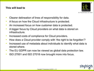 TM
© IT Governance Ltd 2016
Copyright IT Governance Ltd 2016 – v1.0
This will lead to
• Clearer delineation of lines of responsibility for data.
• A focus on how the Cloud infrastructure is protected.
• An increased focus on how customer data is protected.
• A bigger focus by Cloud providers on what data is stored on
infrastructure.
• Increased costs of compliance for Cloud providers.
• How does a Cloud provider comply with ‘the right to be forgotten’?
• Increased use of metadata about individuals to identify what data is
stored where.
• The EU GDPR can now be viewed as global data protection law.
• ISO 27001 and ISO 27018 now brought more into focus.
 