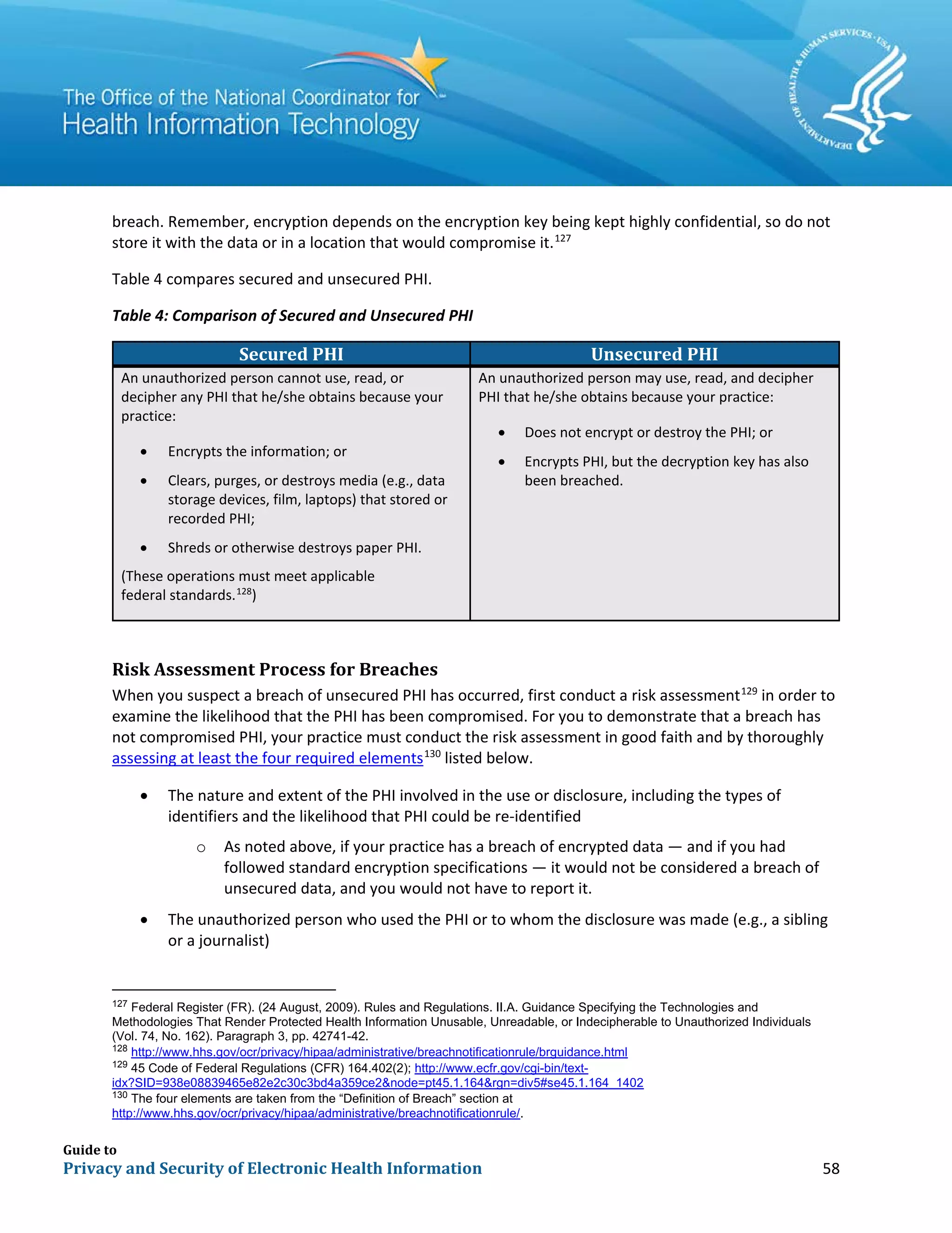 Guide to
Privacy and Security of Electronic Health Information 58
breach. Remember, encryption depends on the encryption key being kept highly confidential, so do not
store it with the data or in a location that would compromise it.127
Table 4 compares secured and unsecured PHI.
Table 4: Comparison of Secured and Unsecured PHI
Secured PHI Unsecured PHI
An unauthorized person cannot use, read, or
decipher any PHI that he/she obtains because your
practice:
• Encrypts the information; or
• Clears, purges, or destroys media (e.g., data
storage devices, film, laptops) that stored or
recorded PHI;
• Shreds or otherwise destroys paper PHI.
(These operations must meet applicable
federal standards.128
)
An unauthorized person may use, read, and decipher
PHI that he/she obtains because your practice:
• Does not encrypt or destroy the PHI; or
• Encrypts PHI, but the decryption key has also
been breached.
Risk Assessment Process for Breaches
When you suspect a breach of unsecured PHI has occurred, first conduct a risk assessment129
in order to
examine the likelihood that the PHI has been compromised. For you to demonstrate that a breach has
not compromised PHI, your practice must conduct the risk assessment in good faith and by thoroughly
assessing at least the four required elements130
listed below.
• The nature and extent of the PHI involved in the use or disclosure, including the types of
identifiers and the likelihood that PHI could be re-identified
o As noted above, if your practice has a breach of encrypted data — and if you had
followed standard encryption specifications — it would not be considered a breach of
unsecured data, and you would not have to report it.
• The unauthorized person who used the PHI or to whom the disclosure was made (e.g., a sibling
or a journalist)
127
Federal Register (FR). (24 August, 2009). Rules and Regulations. II.A. Guidance Specifying the Technologies and
Methodologies That Render Protected Health Information Unusable, Unreadable, or Indecipherable to Unauthorized Individuals
(Vol. 74, No. 162). Paragraph 3, pp. 42741-42.
128
http://www.hhs.gov/ocr/privacy/hipaa/administrative/breachnotificationrule/brguidance.html
129
45 Code of Federal Regulations (CFR) 164.402(2); http://www.ecfr.gov/cgi-bin/text-
idx?SID=938e08839465e82e2c30c3bd4a359ce2&node=pt45.1.164&rgn=div5#se45.1.164_1402
130
The four elements are taken from the “Definition of Breach” section at
http://www.hhs.gov/ocr/privacy/hipaa/administrative/breachnotificationrule/.
 