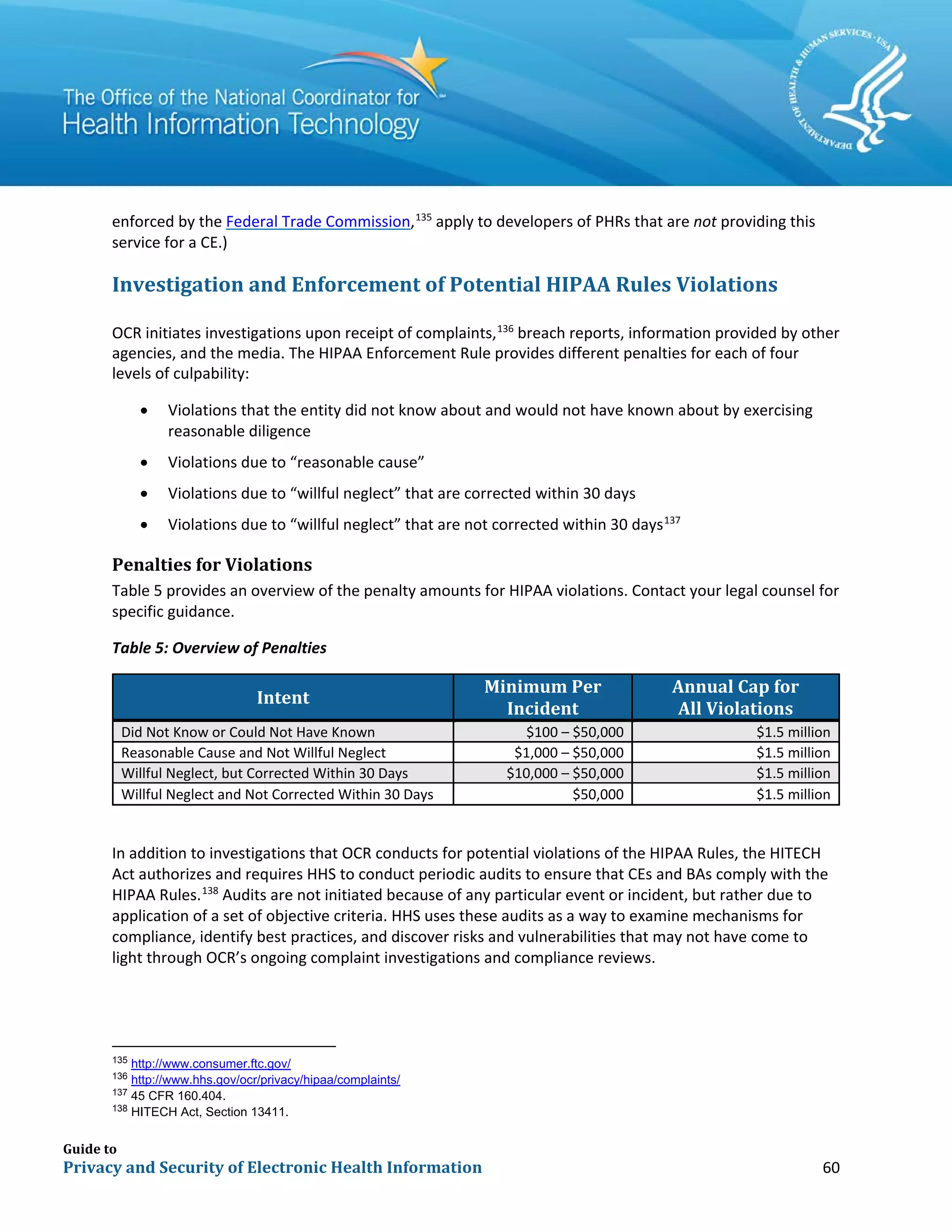 Guide to
Privacy and Security of Electronic Health Information 60
enforced by the Federal Trade Commission,135
apply to developers of PHRs that are not providing this
service for a CE.)
Investigation and Enforcement of Potential HIPAA Rules Violations
OCR initiates investigations upon receipt of complaints,136
breach reports, information provided by other
agencies, and the media. The HIPAA Enforcement Rule provides different penalties for each of four
levels of culpability:
• Violations that the entity did not know about and would not have known about by exercising
reasonable diligence
• Violations due to “reasonable cause”
• Violations due to “willful neglect” that are corrected within 30 days
• Violations due to “willful neglect” that are not corrected within 30 days137
Penalties for Violations
Table 5 provides an overview of the penalty amounts for HIPAA violations. Contact your legal counsel for
specific guidance.
Table 5: Overview of Penalties
Intent
Minimum Per
Incident
Annual Cap for
All Violations
Did Not Know or Could Not Have Known $100 – $50,000 $1.5 million
Reasonable Cause and Not Willful Neglect $1,000 – $50,000 $1.5 million
Willful Neglect, but Corrected Within 30 Days $10,000 – $50,000 $1.5 million
Willful Neglect and Not Corrected Within 30 Days $50,000 $1.5 million
In addition to investigations that OCR conducts for potential violations of the HIPAA Rules, the HITECH
Act authorizes and requires HHS to conduct periodic audits to ensure that CEs and BAs comply with the
HIPAA Rules.138
Audits are not initiated because of any particular event or incident, but rather due to
application of a set of objective criteria. HHS uses these audits as a way to examine mechanisms for
compliance, identify best practices, and discover risks and vulnerabilities that may not have come to
light through OCR’s ongoing complaint investigations and compliance reviews.
135
http://www.consumer.ftc.gov/
136
http://www.hhs.gov/ocr/privacy/hipaa/complaints/
137
45 CFR 160.404.
138
HITECH Act, Section 13411.
 