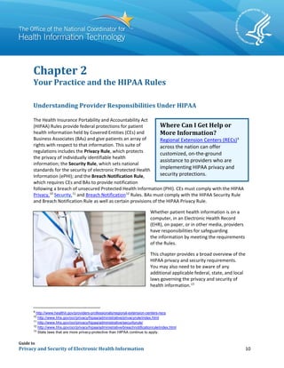 Guide to
Privacy and Security of Electronic Health Information 10
Chapter 2
Your Practice and the HIPAA Rules
Understanding Provider Responsibilities Under HIPAA
The Health Insurance Portability and Accountability Act
(HIPAA) Rules provide federal protections for patient
health information held by Covered Entities (CEs) and
Business Associates (BAs) and give patients an array of
rights with respect to that information. This suite of
regulations includes the Privacy Rule, which protects
the privacy of individually identifiable health
information; the Security Rule, which sets national
standards for the security of electronic Protected Health
Information (ePHI); and the Breach Notification Rule,
which requires CEs and BAs to provide notification
following a breach of unsecured Protected Health Information (PHI). CEs must comply with the HIPAA
Privacy,10
Security,11
and Breach Notification12
Rules. BAs must comply with the HIPAA Security Rule
and Breach Notification Rule as well as certain provisions of the HIPAA Privacy Rule.
Whether patient health information is on a
computer, in an Electronic Health Record
(EHR), on paper, or in other media, providers
have responsibilities for safeguarding
the information by meeting the requirements
of the Rules.
This chapter provides a broad overview of the
HIPAA privacy and security requirements.
You may also need to be aware of any
additional applicable federal, state, and local
laws governing the privacy and security of
health information.13
9
http://www.healthit.gov/providers-professionals/regional-extension-centers-recs
10
http://www.hhs.gov/ocr/privacy/hipaa/administrative/privacyrule/index.html
11
http://www.hhs.gov/ocr/privacy/hipaa/administrative/securityrule/
12
http://www.hhs.gov/ocr/privacy/hipaa/administrative/breachnotificationrule/index.html
13
State laws that are more privacy-protective than HIPAA continue to apply.
Where Can I Get Help or
More Information?
Regional Extension Centers (RECs)9
across the nation can offer
customized, on-the-ground
assistance to providers who are
implementing HIPAA privacy and
security protections.
 