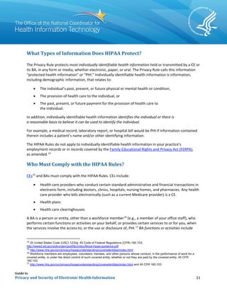 Guide to
Privacy and Security of Electronic Health Information 11
What Types of Information Does HIPAA Protect?
The Privacy Rule protects most individually identifiable health information held or transmitted by a CE or
its BA, in any form or media, whether electronic, paper, or oral. The Privacy Rule calls this information
“protected health information” or “PHI.” Individually identifiable health information is information,
including demographic information, that relates to:
• The individual’s past, present, or future physical or mental health or condition,
• The provision of health care to the individual, or
• The past, present, or future payment for the provision of health care to
the individual.
In addition, individually identifiable health information identifies the individual or there is
a reasonable basis to believe it can be used to identify the individual.
For example, a medical record, laboratory report, or hospital bill would be PHI if information contained
therein includes a patient’s name and/or other identifying information.
The HIPAA Rules do not apply to individually identifiable health information in your practice’s
employment records or in records covered by the Family Educational Rights and Privacy Act (FERPA),
as amended.14
Who Must Comply with the HIPAA Rules?
CEs15
and BAs must comply with the HIPAA Rules. CEs include:
• Health care providers who conduct certain standard administrative and financial transactions in
electronic form, including doctors, clinics, hospitals, nursing homes, and pharmacies. Any health
care provider who bills electronically (such as a current Medicare provider) is a CE.
• Health plans
• Health care clearinghouses
A BA is a person or entity, other than a workforce member16
(e.g., a member of your office staff), who
performs certain functions or activities on your behalf, or provides certain services to or for you, when
the services involve the access to, or the use or disclosure of, PHI.17
BA functions or activities include
14
20 United States Code (USC) 1232g; 45 Code of Federal Regulations (CFR) 160.103;
http://www2.ed.gov/policy/gen/guid/fpco/doc/ferpa-hipaa-guidance.pdf
15
http://www.hhs.gov/ocr/privacy/hipaa/understanding/coveredentities/index.html
16
Workforce members are employees, volunteers, trainees, and other persons whose conduct, in the performance of work for a
covered entity, is under the direct control of such covered entity, whether or not they are paid by the covered entity. 45 CFR
160.103.
17
http://www.hhs.gov/ocr/privacy/hipaa/understanding/coveredentities/index.html and 45 CFR 160.103.
 