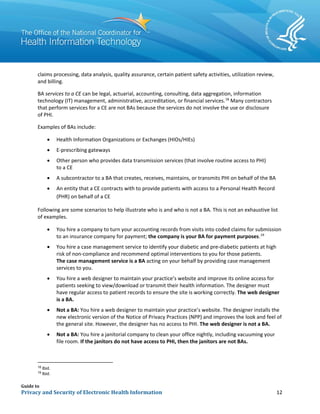 Guide to
Privacy and Security of Electronic Health Information 12
claims processing, data analysis, quality assurance, certain patient safety activities, utilization review,
and billing.
BA services to a CE can be legal, actuarial, accounting, consulting, data aggregation, information
technology (IT) management, administrative, accreditation, or financial services.18
Many contractors
that perform services for a CE are not BAs because the services do not involve the use or disclosure
of PHI.
Examples of BAs include:
• Health Information Organizations or Exchanges (HIOs/HIEs)
• E-prescribing gateways
• Other person who provides data transmission services (that involve routine access to PHI)
to a CE
• A subcontractor to a BA that creates, receives, maintains, or transmits PHI on behalf of the BA
• An entity that a CE contracts with to provide patients with access to a Personal Health Record
(PHR) on behalf of a CE
Following are some scenarios to help illustrate who is and who is not a BA. This is not an exhaustive list
of examples.
• You hire a company to turn your accounting records from visits into coded claims for submission
to an insurance company for payment; the company is your BA for payment purposes.19
• You hire a case management service to identify your diabetic and pre-diabetic patients at high
risk of non-compliance and recommend optimal interventions to you for those patients.
The case management service is a BA acting on your behalf by providing case management
services to you.
• You hire a web designer to maintain your practice’s website and improve its online access for
patients seeking to view/download or transmit their health information. The designer must
have regular access to patient records to ensure the site is working correctly. The web designer
is a BA.
• Not a BA: You hire a web designer to maintain your practice’s website. The designer installs the
new electronic version of the Notice of Privacy Practices (NPP) and improves the look and feel of
the general site. However, the designer has no access to PHI. The web designer is not a BA.
• Not a BA: You hire a janitorial company to clean your office nightly, including vacuuming your
file room. If the janitors do not have access to PHI, then the janitors are not BAs.
18
Ibid.
19
Ibid.
 