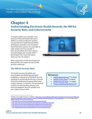 Guide to
Privacy and Security of Electronic Health Information 26
Chapter 4
Understanding Electronic Health Records, the HIPAA
Security Rule, and Cybersecurity
To support patient care, providers store
electronic Protected Health Information
(ePHI) in a variety of electronic systems,
not just Electronic Health Records (EHRs).
Knowing this, providers must remember
that all electronic systems are vulnerable to
cyber-attacks and must consider in
their security efforts all of their systems
and technologies that maintain ePHI.46
(See Chapter 6 for more information
about security risk analysis.)
While a discussion of ePHI security goes far
beyond EHRs, this chapter focuses on EHR
security in particular.
The HIPAA Security Rule
The Health Insurance Portability and
Accountability Act (HIPAA) Security Rule47
establishes a national set of minimum security
standards for protecting all ePHI that a Covered
Entity (CE) and Business Associate (BA) create,
receive, maintain, or transmit. The Security Rule
contains the administrative, physical, and
technical safeguards that CEs and BAs must
put in place to secure ePHI.
46
Refer to the booklet “Partners in Integrity” at http://www.cms.gov/Medicare-Medicaid-Coordination/Fraud-Prevention/Medicaid-
Integrity-Education/Provider-Education-Toolkits/Downloads/understand-prevent-provider-idtheft.pdf for more information about
medical identity theft and fraud prevention.
47
http://www.hhs.gov/ocr/privacy/hipaa/administrative/securityrule/
48
http://www.hhs.gov/ocr/privacy/hipaa/understanding/coveredentities/index.html
49
http://www.hhs.gov/ocr/privacy/hipaa/administrative/privacyrule/index.html
50
http://www.hhs.gov/ocr/privacy/hipaa/administrative/securityrule/index.html
51
http://healthit.gov/providers-professionals/ehr-privacy-security/resources
Resources
• HIPAA Requirements,48
in detail
• HIPAA Privacy Rule,49
in detail
• HIPAA Security Rule,50
in detail
• Privacy and Security Resources51
 