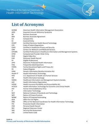 Guide to
Privacy and Security of Electronic Health Information 4
List of Acronyms
AHIMA American Health Information Management Association
AIDS Acquired Immune Deficiency Syndrome
BA Business Associate
BAA Business Associate Agreement
CD Compact Disc
CE Covered Entity
CEHRT Certified Electronic Health Record Technology
CFR Code of Federal Regulations
CHPS Certified in Healthcare Privacy and Security
CMS Centers for Medicare and Medicaid Services
CPHIMS Certified Professional in Healthcare Information and Management Systems
CPOE Computerized Provider Order Entry
DVD Digital Video Disc
EHR Electronic Health Record
EP Eligible Professional
ePHI Electronic Protected Health Information
FAQ Frequently Asked Questions
FERPA Family Educational Rights and Privacy Act
FR Federal Register
GINA Genetic Information Nondiscrimination Act
Health IT Health Information Technology
HHS U.S. Department of Health and Human Services
HIE Health Information Exchange
HIMSS Healthcare Information and Management Systems Society
HIO Health Information Organization
HIPAA Health Insurance Portability and Accountability Act
HITECH Health Information Technology for Economic and Clinical Health
HIV Human Immunodeficiency Virus
IT Information Technology
NIST National Institute of Standards and Technology
NPP Notice of Privacy Practices
NPRM Notice of Proposed Rulemaking
OCR Office for Civil Rights
ONC Office of the National Coordinator for Health Information Technology
PHI Protected Health Information
PHR Personal Health Record
REC Regional Extension Center
SRA Security Risk Assessment
USC United States Code
 