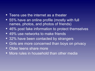 Teens use the internet as a theater 55% have an online profile (mostly with full names, photos, and photos of friends) 46% post fake information to protect themselves 49% use networks to make friends 32% have been contacted by strangers Girls are more concerned than boys on privacy Older teens share more More rules in household than other media 