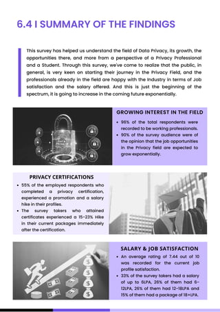 6.4 I SUMMARY OF THE FINDINGS
55% of the employed respondents who
completed a privacy certification,
experienced a promotion and a salary
hike in their profiles.
The survey takers who attained
certificates experienced a 15-23% Hike
in their current packages immediately
after the certification.
PRIVACY CERTIFICATIONS
SALARY & JOB SATISFACTION
An average rating of 7.44 out of 10
was recorded for the current job
profile satisfaction.
33% of the survey takers had a salary
of up to 6LPA, 26% of them had 6-
12LPA, 26% of them had 12-18LPA and
15% of them had a package of 18+LPA.
GROWING INTEREST IN THE FIELD
96% of the total respondents were
recorded to be working professionals.
90% of the survey audience were of
the opinion that the job opportunities
in the Privacy field are expected to
grow exponentially.
This survey has helped us understand the field of Data Privacy, its growth, the
opportunities there, and more from a perspective of a Privacy Professional
and a Student. Through this survey, we've come to realize that the public, in
general, is very keen on starting their journey in the Privacy Field, and the
professionals already in the field are happy with the Industry in terms of Job
satisfaction and the salary offered. And this is just the beginning of the
spectrum, it is going to increase in the coming future exponentially.
 