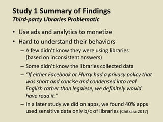 Study 1 Summary of Findings
Third-party Libraries Problematic
• Use ads and analytics to monetize
• Hard to understand their behaviors
– A few didn’t know they were using libraries
(based on inconsistent answers)
– Some didn’t know the libraries collected data
– “If either Facebook or Flurry had a privacy policy that
was short and concise and condensed into real
English rather than legalese, we definitely would
have read it.”
– In a later study we did on apps, we found 40% apps
used sensitive data only b/c of libraries [Chitkara 2017]
 