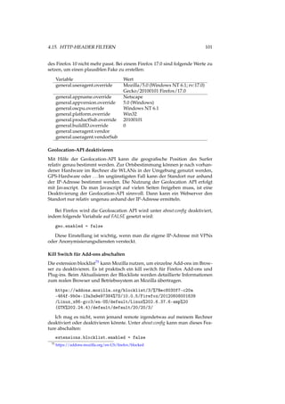 4.15. HTTP-HEADER FILTERN 101
des Firefox 10 nicht mehr passt. Bei einem Firefox 17.0 sind folgende Werte zu
setzen, um einen plausiblen Fake zu erstellen:
Variable Wert
general.useragent.override Mozilla/5.0 (Windows NT 6.1; rv:17.0)
Gecko/20100101 Firefox/17.0
general.appname.override Netscape
general.appversion.override 5.0 (Windows)
general.oscpu.override Windows NT 6.1
general.platform.override Win32
general.productSub.override 20100101
general.buildID.override 0
general.useragent.vendor
general.useragent.vendorSub
Geolocation-API deaktivieren
Mit Hilfe der Geolocation-API kann die geograﬁsche Position des Surfer
relativ genau bestimmt werden. Zur Ortsbestimmung können je nach vorhan-
dener Hardware im Rechner die WLANs in der Umgebung genutzt werden,
GPS-Hardware oder ...Im ungünstigsten Fall kann der Standort nur anhand
der IP-Adresse bestimmt werden. Die Nutzung der Geolocation API erfolgt
mit Javascript. Da man Javascript auf vielen Seiten freigeben muss, ist eine
Deaktivierung der Geolocation-API sinnvoll. Dann kann ein Webserver den
Standort nur relativ ungenau anhand der IP-Adresse ermitteln.
Bei Firefox wird die Geoloacation API wird unter about:conﬁg deaktiviert,
indem folgende Variabale auf FALSE gesetzt wird:
geo.enabled = false
Diese Einstellung ist wichtig, wenn man die eigene IP-Adresse mit VPNs
oder Anonymisierungsdiensten versteckt.
Kill Switch für Add-ons abschalten
Die extension blocklist75 kann Mozilla nutzen, um einzelne Add-ons im Brow-
ser zu deaktivieren. Es ist praktisch ein kill switch für Firefox Add-ons und
Plug-ins. Beim Aktualisieren der Blockliste werden detaillierte Informationen
zum realen Browser und Betriebssystem an Mozilla übertragen.
https://addons.mozilla.org/blocklist/3/%7Bec8030f7-c20a
-464f-9b0e-13a3a9e97384%7D/10.0.5/Firefox/20120608001639
/Linux_x86-gcc3/en-US/default/Linux%202.6.37.6-smp%20
(GTK%202.24.4)/default/default/20/20/3/
Ich mag es nicht, wenn jemand remote irgendetwas auf meinem Rechner
deaktiviert oder deaktivieren könnte. Unter about:conﬁg kann man dieses Fea-
ture abschalten:
extensions.blocklist.enabled = false
75 https://addons.mozilla.org/en-US/ﬁrefox/blocked
 