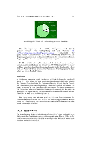 10.2. TOR ONION ROUTER UND JONDONYM 181
Abbildung 10.3: Anteil der Finanzierung von TorProject.org
Die Hauptsponsoren der NGOs, Companies und Einzel-
spender werden von TorProject.org auf der Webseite htt-
ps://www.torproject.org/about/sponsors.html.en veröffentlicht. Der
große Anteil “Gouvernments” (72% der Einnahmen) kommt von US-
Regierungsorganisationen und zu einem kleineren Teil von der schwedischen
Regierung. Diese Spenden werden nicht einzeln aufgelistet.
Der Hauptteil der Infrastruktur wird von Enthusiasten ﬁnanziert und tech-
nisch in der Freizeit betreut. Die Kosten von 600-800 Euro pro Power-Server
und Jahr sind als weitere Spenden anzusehen, die in der Graﬁk nicht erfasst
sind. Die Administratoren ziehen keinen Vorteil aus ihrem Engagement, abge-
sehen von einem Zwiebel-T-Shirt.
Jondonym
In den Jahren 2000-2004 erhielt das Projekt AN.ON als Vorläufer von JonD-
onym ca. 1 Mio. Euro aus dem deutschen Forschungsetat für den Aufbau
des Dienstes. Seit dem Ende der Förderung bemüht sich die JonDos GmbH,
die Finanzierung durch kostenpﬂichtige Premium-Angebote zu sichern. Für
dieser Angebote ist eine volumenabhängige Gebühr im Voraus zu bezahlen.
Die Einnahmen sollen die Kosten für die Weiterentwicklung der Software, die
Betreuung des Projektes und die Infrastruktur der Premium-Dienste decken.
Diese Ziel ist noch nicht vollständig erreicht.
Die Entwicklung der Software wird zu 70% aus den Einnahmen der
Premium-Dienste ﬁnanziert und zu 30% aus Forschungsprojekten in Koope-
ration mit Universitäten. Die Premium-Mix-Kaskaden werden kostendeckend
durch Einnahmen ﬁnanziert.
10.2.3 Security Notes
Die Sicherheit von IP-Anonymisierern wie Tor und JonDonym ergibt sich nicht
alleine aus der Qualität der Anonymisierungssoftware. Durch Fehler in der
verwendeten Anwendung oder falsche Konﬁguration kann die Anonymität
komplett ausgehebelt werden.
 