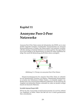 Kapitel 11
Anonyme Peer-2-Peer
Netzwerke
Anonyme Peer-2-Peer Netze nutzen die Infrastruktur des WWW, um in einer
darüber liegenden komplett verschlüsselten Transportschicht ein anonymes
Kommunikationsnetz zu bilden. Der Datenverkehr wird mehrfach verschlüs-
sellt über ständig wechselnde Teilnehmer des Netzes geleitet. Der eigene Rech-
ner ist auch ständig an der Weiterleitung von Daten für andere Teilnehmer be-
teiligt. Das macht die Beobachtung durch Dritte nahezu unmöglich.
Abbildung 11.1: Prinzip von anonymen Peer-2-Peer Netzen
Hauptverwendungszweck für anonyme Peer-2-Peer Netze ist unbestrit-
ten das abmahnsichere Tauschen von Dateien. Unbeobachtete Kommunikati-
on zwischen den Teilnehmern (E-Mail, Chatten...) ist ebenfalls möglich. Au-
ßerdem kann man zensurresistent Webseiten publizieren. Da die Nutzung der
Angebote mit technischen Hürden verbunden ist, erden sie deutlich weniger
besucht als klassische Webseiten.
Invisible Internet Project (I2P)
I2P hat das Ziel, Anonymität sowohl für Konsumenten als auch für Anbieter
von Angeboten zu bieten. Dieses Ziel läßt sich nur in einem geschlossenen
Netz verwirklichen.
220
 