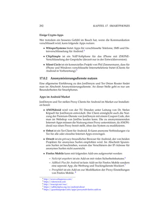 292 KAPITEL 17. SMARTPHONES
Einige Crypto-Apps
Wer trotzdem ein besseres Gefühl im Bauch hat, wenn die Kommunikation
verschlüsselt wird, kann folgende Apps nutzen:
• WhisperSystems bietet Apps für verschlüsselte Telefonie, SMS und Da-
tenverschlüsselung für Android.4
• CSipSimple ist ein VoIP-Softphone für das iPhone mit ZHONE-
Verschlüsselung der Gespräche (derzeit nur in der Entwicklerversion).
• Silent Circle ist ein komerzielles Projekt von Phil Zimmermann, dass für
iPhone und Windows verschlüsselte Internettelefonie bietet (Clients für
Android in Vorbereitung).5
17.0.2 Anonymisierungsdienste nutzen
Eine allgemeine Einführung zu den JonDonym und Tor Onion Router ﬁndet
man im Abschnitt Anonymisierungsdienste. An dieser Stelle geht es nur um
Besonderheiten für Smartphones.
Apps im Android Market
JonDonym und Tor stellen Proxy Clients für Android im Market zur Installati-
on bereit:
• ANONdroid wird von der TU Dresden unter Leitung von Dr. Stefan
Köpsell für JonDonym entwickelt. Der Client ermöglicht auch die Nut-
zung der Premium-Dienste von JonDonym mit einem Coupon Code, den
man im Webshop von JonDos kaufen kann. Die zu anonymisierenden
Internet-Apps müssen die Nutzung eines Proxy unterstützen, da ANON-
droid nur einen Proxy bereit stellt, ohne das System zu modiﬁzieren.
• Orbot ist ein Tor Client für Android. Er kann anonyme Verbindungen via
Tor für alle oder einzelne Internet-Apps erzwingen.
• Orweb ist ein privacy-freundlicher Browser für Android, der von beiden
Projekten für anonymes Surfen empfohlen wird. Im Abschnitt Spuren-
arm Surfen ist beschrieben, warum das Verschleiern der IP-Adresse für
anonymes Surfen nicht ausrreicht.
• Firefox Mobile kann mit folgenden Add-ons aufgewertet werden:
– NoScript anywhere ist ein Add-on mit vielen Sicherheitsfeatures.6
– AdBlock Plus für Android ist kein Add-on für Firefox Mobile sondern
eine seperate App, die Werbung und Trackingdienste blockiert.7
– ProxyMob ist ein Add-on zur Modiﬁkation der Proxy-Einstellungen
von Firefox Mobile. 8
4 http://www.whispersys.com/
5 https://silentcircle.com
6 http://noscript.net/nsa/
7 https://adblockplus.org/en/android-about
8 https://guardianproject.info/apps/proxymob-ﬁrefox-add-on
 