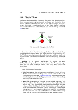 302 KAPITEL 18. UMGEHUNG VON ZENSUR
18.4 Simple Tricks
Die besten Möglichkeiten zur Umgehung von Zensur sind Anonymisierungs-
dienste mit Anti-Censorship Funktion wie JonDonym oder Tor. Stehen diese
Dienste nicht zur Verfügung, kann man es auch mit den Simple Tricks ver-
suchen. Die Simple Tricks wurden bereits an der “Great Firewall” in China
erprobt und sind teilweise recht erfolgreich. Das einfache Prinzip ist im Bild
18.2 dargestellt.
Abbildung 18.2: Prinzip der Simple Tricks
Wenn man auf eine Website nicht zugreifen kann (oder man befürchtet,
nicht zugreifen zu können) kann man einen Webdienst im Ausland nutzen.
Der Webdienst unterliegt anderen Zensurbedingungen und kann häuﬁg auf
die gewünschte Seite zugreifen und über den kleinen Umweg unzensiert
liefern.
Hinweis: Es ist ratsam, Web-Services zu nutzen, die eine
SSL-Verschlüsselung des Datenverkehrs anbieten. Wer Anonymisierungs-
dienst wie Tor oder JonDonym nutzen kann, sollte diese Möglichkeit
bevorzugen.
Einige Vorschläge für Webdienste:
1. RSS-Aggregatoren: sind geeignet, um regelmäßig eine Website zu lesen,
die RSS-Feeds anbietet, bspw. Blogs. Man kann sich selbst seine Feeds auf
einem Web-Aggregator wie www.bloglines.com zusammenstellen oder
nutzt fertig, themenspeziﬁsche Aggregatoren wie z.B. den Palestine Blog
Aggregator über den Gaza-Krieg.
2. SSL-Web-Proxys bieten ein Formular für die Eingabe einer URL. Die
Website wird von dem Proxy geholt und an den Surfer geliefert. Dabei
werden alle Links der Webseite vom Proxy umgeschrieben, so dass
bei einem Klick die folgende Website ebenfalls über den Proxy geholt
wird. Flüssiges Surfen ist möglich. Um die Filterung des Datenverkehr
nach gesperrten Wörtern zu verhindern, sollte man SSL-verschlüsselte
Web-Proxys nutzen. Eine Liste von Web-Proxys mit SSL-Verschlüsselung
ﬁndet man bei Proxy.org oder mamproxy.com oder www.privax.us/.
 