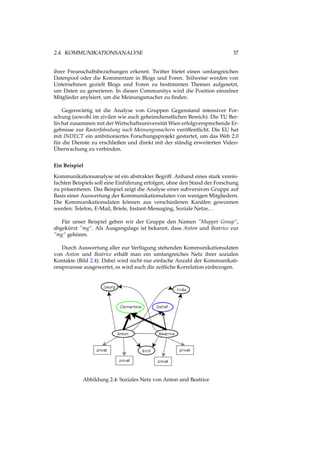 2.4. KOMMUNIKATIONSANALYSE 37
ihrer Freunschaftsbeziehungen erkennt. Twitter bietet einen umfangreichen
Datenpool oder die Kommentare in Blogs und Foren. Teilweise werden von
Unternehmen gezielt Blogs und Foren zu bestimmten Themen aufgesetzt,
um Daten zu generieren. In diesen Communitys wird die Position einzelner
Mitglieder anylsiert, um die Meinungsmacher zu ﬁnden.
Gegenwärtig ist die Analyse von Gruppen Gegenstand intensiver For-
schung (sowohl im zivilen wie auch geheimdienstlichen Bereich). Die TU Ber-
lin hat zusammen mit der Wirtschaftsuniversität Wien erfolgversprechende Er-
gebnisse zur Rasterfahndung nach Meinungsmachern veröffentlicht. Die EU hat
mit INDECT ein ambitioniertes Forschungsprojekt gestartet, um das Web 2.0
für die Dienste zu erschließen und direkt mit der ständig erweiterten Video-
Überwachung zu verbinden.
Ein Beispiel
Kommunikationsanalyse ist ein abstrakter Begriff. Anhand eines stark verein-
fachten Beispiels soll eine Einführung erfolgen, ohne den Stand der Forschung
zu präsentieren. Das Beispiel zeigt die Analyse einer subversiven Gruppe auf
Basis einer Auswertung der Kommunikationsdaten von wenigen Mitgliedern.
Die Kommunikationsdaten können aus verschiedenen Kanälen gewonnen
werden: Telefon, E-Mail, Briefe, Instant-Messaging, Soziale Netze...
Für unser Beispiel geben wir der Gruppe den Namen ”Muppet Group“,
abgekürzt ”mg“. Als Ausgangslage ist bekannt, dass Anton und Beatrice zur
”mg“ gehören.
Durch Auswertung aller zur Verfügung stehenden Kommunikationsdaten
von Anton und Beatrice erhält man ein umfangreiches Netz ihrer sozialen
Kontakte (Bild 2.4). Dabei wird nicht nur einfache Anzahl der Kommunikati-
onsprozesse ausgewertet, es wird auch die zeitliche Korrelation einbezogen.
Abbildung 2.4: Soziales Netz von Anton und Beatrice
 