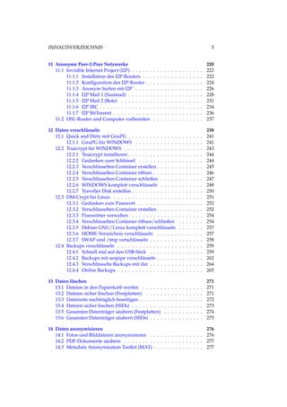 INHALTSVERZEICHNIS 5
11 Anonyme Peer-2-Peer Netzwerke 220
11.1 Invisible Internet Project (I2P) . . . . . . . . . . . . . . . . . . . . 222
11.1.1 Installation des I2P-Routers . . . . . . . . . . . . . . . . . 222
11.1.2 Konﬁguration des I2P-Router . . . . . . . . . . . . . . . . 224
11.1.3 Anonym Surfen mit I2P . . . . . . . . . . . . . . . . . . . 226
11.1.4 I2P Mail 1 (Susimail) . . . . . . . . . . . . . . . . . . . . . 228
11.1.5 I2P Mail 2 (Bote) . . . . . . . . . . . . . . . . . . . . . . . 231
11.1.6 I2P IRC . . . . . . . . . . . . . . . . . . . . . . . . . . . . . 234
11.1.7 I2P BitTorrent . . . . . . . . . . . . . . . . . . . . . . . . . 236
11.2 DSL-Router und Computer vorbereiten . . . . . . . . . . . . . . 237
12 Daten verschlüsseln 238
12.1 Quick and Dirty mit GnuPG . . . . . . . . . . . . . . . . . . . . . 241
12.1.1 GnuPG für WINDOWS . . . . . . . . . . . . . . . . . . . 241
12.2 Truecrypt für WINDOWS . . . . . . . . . . . . . . . . . . . . . . 243
12.2.1 Truecrypt installieren . . . . . . . . . . . . . . . . . . . . . 244
12.2.2 Gedanken zum Schlüssel . . . . . . . . . . . . . . . . . . 244
12.2.3 Verschlüsselten Container erstellen . . . . . . . . . . . . . 245
12.2.4 Verschlüsselten Container öffnen . . . . . . . . . . . . . . 246
12.2.5 Verschlüsselten Container schließen . . . . . . . . . . . . 247
12.2.6 WINDOWS komplett verschlüsseln . . . . . . . . . . . . 248
12.2.7 Traveller Disk erstellen . . . . . . . . . . . . . . . . . . . . 250
12.3 DM-Crypt für Linux . . . . . . . . . . . . . . . . . . . . . . . . . 251
12.3.1 Gedanken zum Passwort . . . . . . . . . . . . . . . . . . 252
12.3.2 Verschlüsselten Container erstellen . . . . . . . . . . . . . 252
12.3.3 Passwörter verwalten . . . . . . . . . . . . . . . . . . . . 254
12.3.4 Verschlüsselten Container öffnen/schließen . . . . . . . 254
12.3.5 Debian GNU/Linux komplett verschlüsseln . . . . . . . 257
12.3.6 HOME-Verzeichnis verschlüsseln . . . . . . . . . . . . . 257
12.3.7 SWAP und /tmp verschlüsseln . . . . . . . . . . . . . . . 258
12.4 Backups verschlüsseln . . . . . . . . . . . . . . . . . . . . . . . . 259
12.4.1 Schnell mal auf den USB-Stick . . . . . . . . . . . . . . . 259
12.4.2 Backups mit aespipe verschlüsseln . . . . . . . . . . . . . 262
12.4.3 Verschlüsselte Backups mit dar . . . . . . . . . . . . . . . 264
12.4.4 Online Backups . . . . . . . . . . . . . . . . . . . . . . . . 265
13 Daten löschen 271
13.1 Dateien in den Papierkorb werfen . . . . . . . . . . . . . . . . . 271
13.2 Dateien sicher löschen (Festplatten) . . . . . . . . . . . . . . . . 271
13.3 Dateireste nachträglich beseitigen . . . . . . . . . . . . . . . . . . 272
13.4 Dateien sicher löschen (SSDs) . . . . . . . . . . . . . . . . . . . . 273
13.5 Gesamten Datenträger säubern (Festplatten) . . . . . . . . . . . 274
13.6 Gesamten Datenträger säubern (SSDs) . . . . . . . . . . . . . . . 275
14 Daten anonymisieren 276
14.1 Fotos und Bilddateien anonymisieren . . . . . . . . . . . . . . . 276
14.2 PDF-Dokumente säubern . . . . . . . . . . . . . . . . . . . . . . 277
14.3 Metadata Anonymisation Toolkit (MAT) . . . . . . . . . . . . . . 277
 