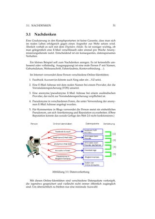 3.1. NACHDENKEN 51
3.1 Nachdenken
Eine Graduierung in den Kampfsportarten ist keine Garantie, dass man sich
im realen Leben erfolgreich gegen einen Angreifer zur Wehr setzen wird.
Ähnlich verhält es sich mit dem Digitalen Aikido. Es ist weniger wichtig, ob
man gelegentlich eine E-Mail verschlüsselt oder einmal pro Woche Anony-
misierungsdienste nutzt. Entscheidend ist ein konsequentes, datensparsames
Verhalten.
Ein kleines Beispiel soll zum Nachdenken anregen. Es ist keinesfalls um-
fassend oder vollständig. Ausgangspungt ist eine reale Person P mit Namen,
Geburtsdatum, Wohnanschrift, Fahrerlaubnis, Kontoverbindung...).
Im Internet verwendet diese Person verschiedene Online-Identitäten:
1. Facebook Account (es könnte auch Xing oder ein ...VZ sein).
2. Eine E-Mail Adresse mit dem realen Namen bei einem Provider, der die
Vorratsdatenspeicherung (VDS) umsetzt.
3. Eine anonyme/pseudonyme E-Mail Adresse bei einem ausländischen
Provider, der nicht zur Vorratsdatenspeicherung verpﬂichtet ist.
4. Pseudonyme in verschiedenen Foren, die unter Verwendung der anony-
men E-Mail Adresse angelegt wurden.
5. Für Kommentare in Blogs verwendet die Person meist ein einheitliches
Pseudonym, um sich Anerkennung und Reputation zu erarbeiten. (Ohne
Reputation könnte das soziale Gefüge des Web 2.0 nicht funktionieren.)
Abbildung 3.1: Datenverkettung
Mit diesen Online-Identitäten sind verschiedene Datenpakete verknüpft,
die irgendwo gespeichert und vielleicht nicht immer öffentlich zugänglich
sind. Um übersichtlich zu bleiben nur eine minimale Auswahl:
 
