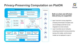 Privacy-Preserving Computation on PlatON
l layer1 has built-in privacy algorithms
(including homomorphic encryption and
zero-knowledge proof) that can be
integrated into smart contracts.
l Layer 2 provides secure multi-party
computing protocols for privacy-preserving
training of AI models, and the trained
models can be deployed to Layer 3.
Decetralized Resource Management
Blockchain
Resource Publish Resource Discovery
Computing
Market
Data
Market
Algorithm
Market
Economic
lncentive
Supervision
Audit
Resource Scheduling Resource Location
RELOAD Overlay Network
DID(Decentralized ldentity)
Zero-Knowlage Proof Library
EVM Visual Machine WASM Visual Machine
Data
Provider
Data
Provider
Data Area
Computing
Node
Computation Area
MPC
Protocol
Proxy
Re-Encyption
AI Network
Secret
Share
Both on-chain and off-chain
data privacy are supported:
Computing
Node
Computing
Node
Data Node
Data Node
Data Node
 