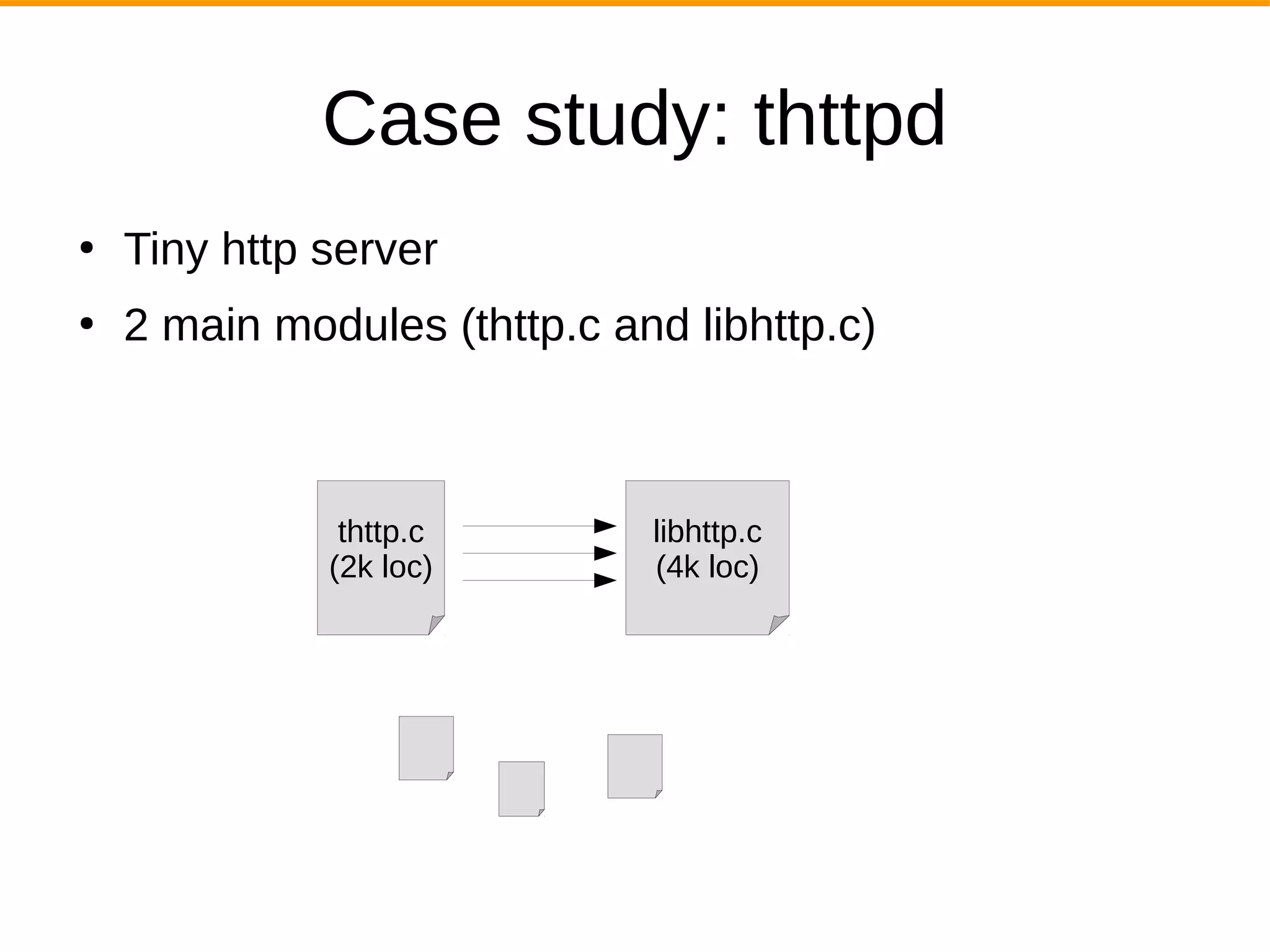 Case study: thttpd
●
Tiny http server
●
2 main modules (thttp.c and libhttp.c)
thttp.c
(2k loc)
libhttp.c
(4k loc)
 