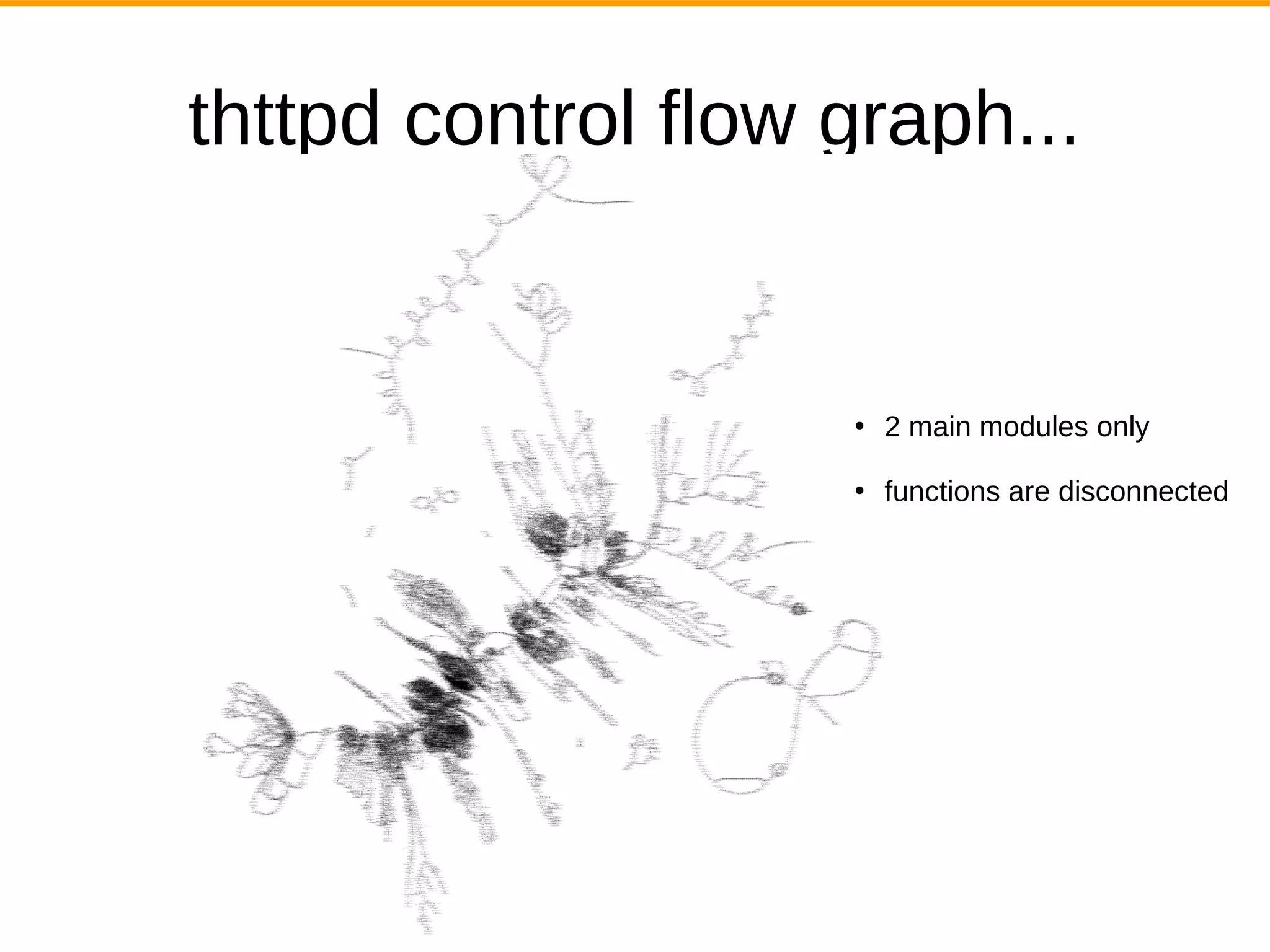 thttpd control flow graph...
●
2 main modules only
●
functions are disconnected
 