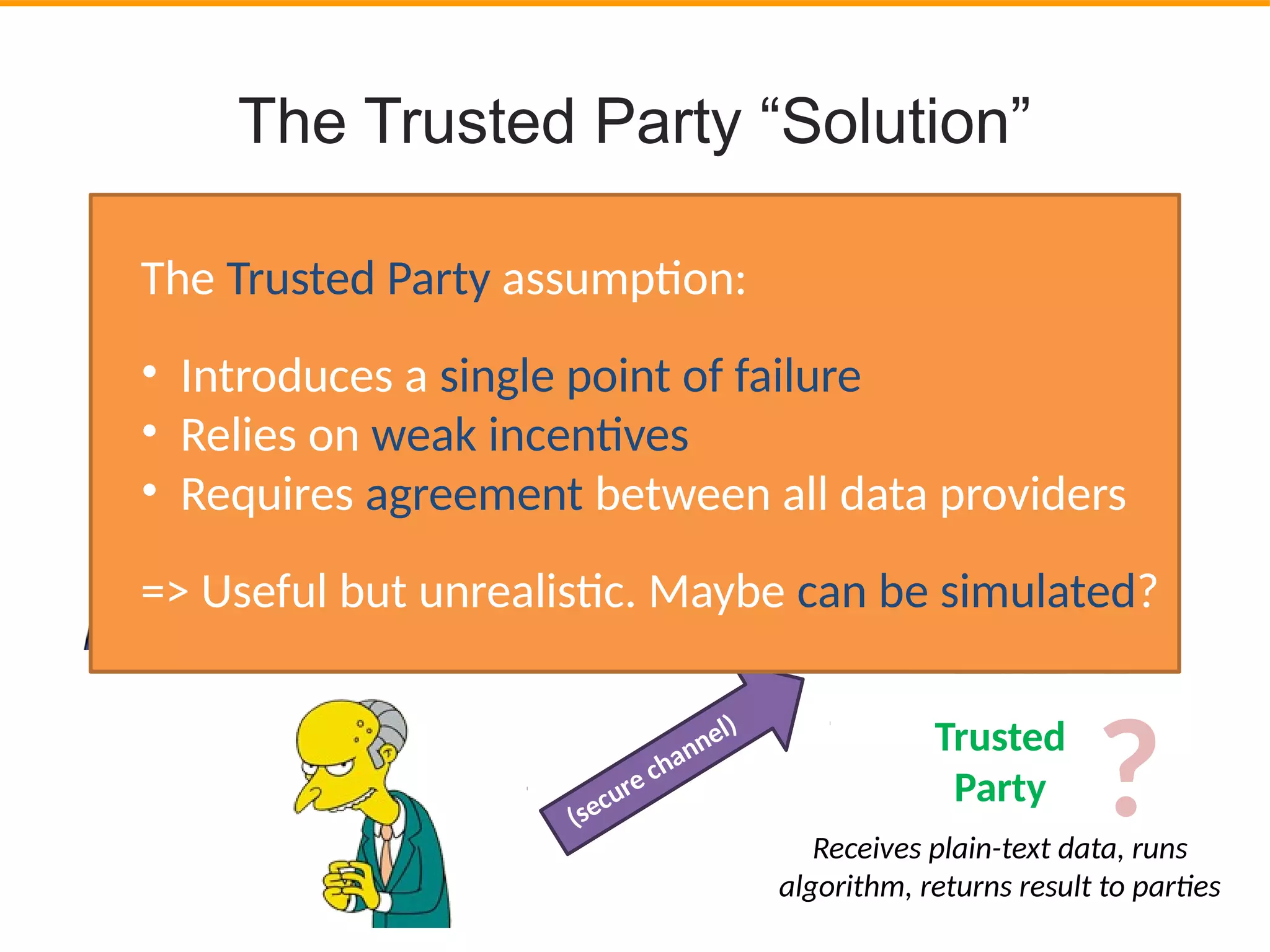 The Trusted Party “Solution”
(secure channel)
(secure channel)
(secure channel)
Trusted
Party
Receives plain-text data, runs
algorithm, returns result to partes
?
The Trusted Party assumpton:
• Introduces a single point of failure
• Relies on weak incentves
• Requires agreement between all data providers
=> Useful but unrealistc. Maybe can be simulated?
 