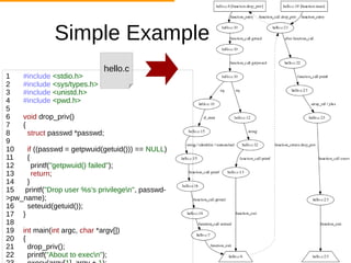 Simple Example
1 #include <stdio.h>
2 #include <sys/types.h>
3 #include <unistd.h>
4 #include <pwd.h>
5
6 void drop_priv()
7 {
8 struct passwd *passwd;
9
10 if ((passwd = getpwuid(getuid())) == NULL)
11 {
12 printf("getpwuid() failed");
13 return;
14 }
15 printf("Drop user %s's privilegen", passwd-
>pw_name);
16 seteuid(getuid());
17 }
18
19 int main(int argc, char *argv[])
20 {
21 drop_priv();
22 printf("About to execn");
hello.c
 