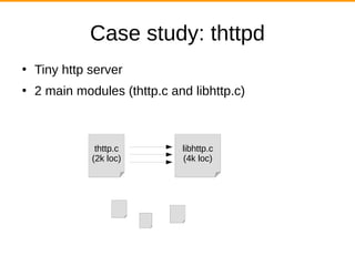 Case study: thttpd
●
Tiny http server
●
2 main modules (thttp.c and libhttp.c)
thttp.c
(2k loc)
libhttp.c
(4k loc)
 