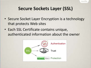 Secure Sockets Layer (SSL)
• Secure Socket Layer Encryption is a technology
that protects Web sites
• Each SSL Certificate contains unique,
authenticated information about the owner
 