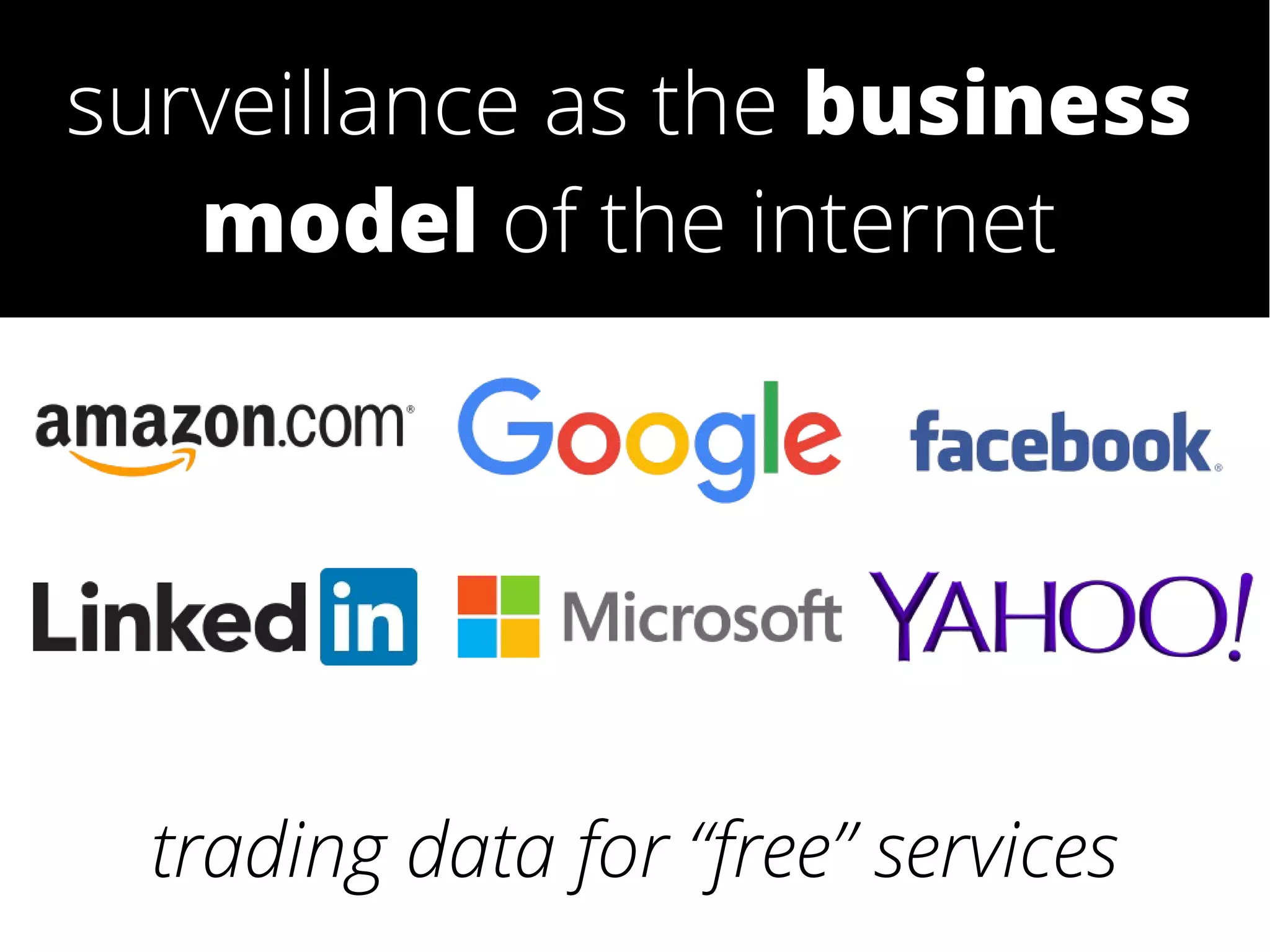 trading data for “free” services
surveillance as the business
model of the internet
 